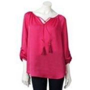 Womens Blouse Pink XS Keyhole Tassle Neck Long Sleeves Shirt Dana Buchman